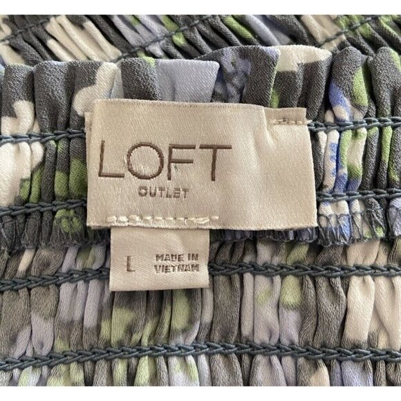 Ann Taylor LOFT Outlet Dress Smocked Bodice Puff Sleeves Gray Blue Large L - Picture 4 of 5